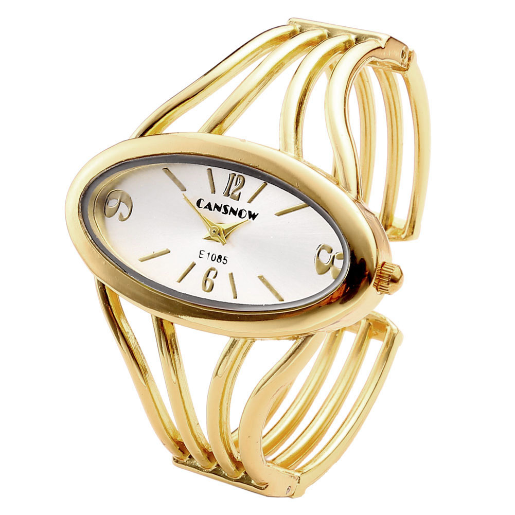 Womens Fashion Bangle Cuff Bracelet Quartz Watch, Oval Face Gold Tone - Silver Face