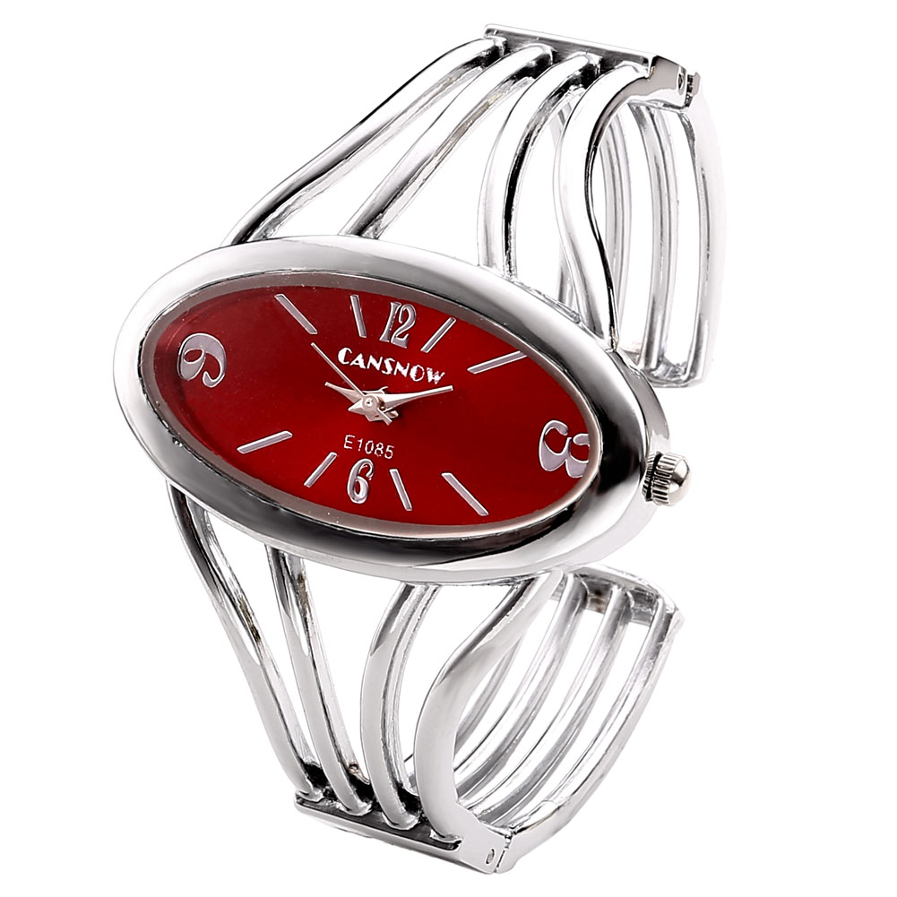 Womens Fashion Bangle Cuff Bracelet Quartz Watch, Oval Face Silver Tone - Red Face
