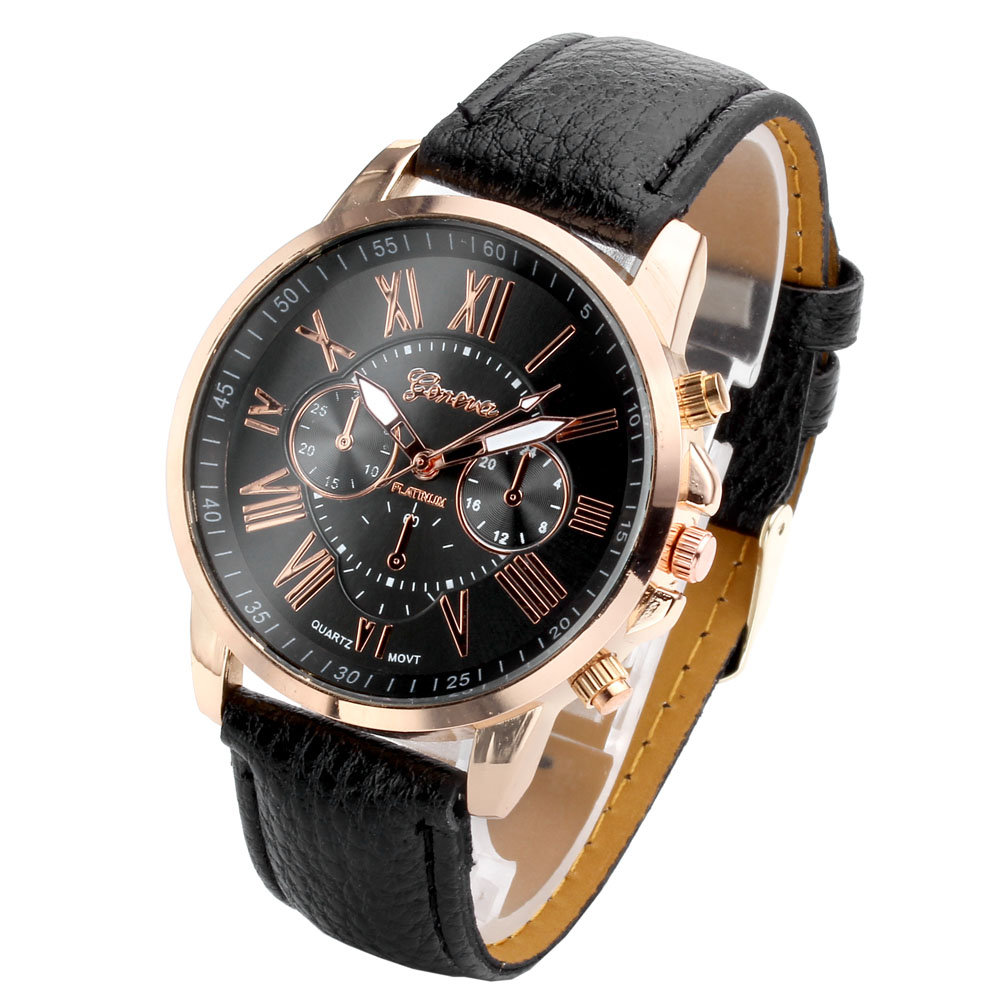 Fashion Women's Analog Watch, PU Leather Band Rose Gold Tone -Black