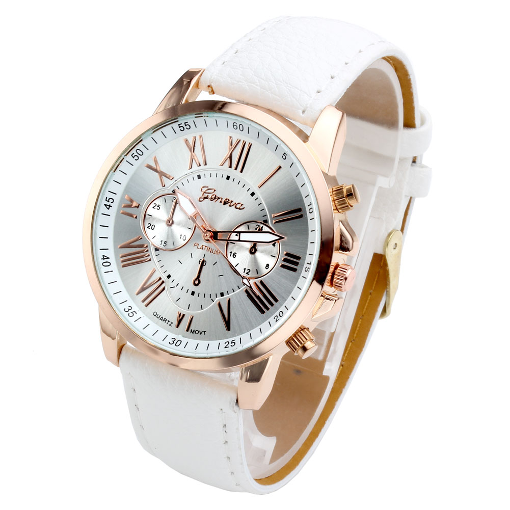 Fashion Women's Analog Watch, PU Leather Band Rose Gold Tone -White