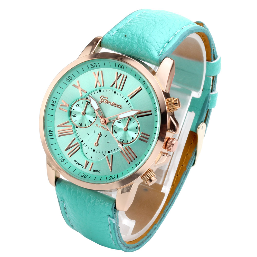 Fashion Women's Analog Watch, PU Leather Band Rose Gold Tone -Green