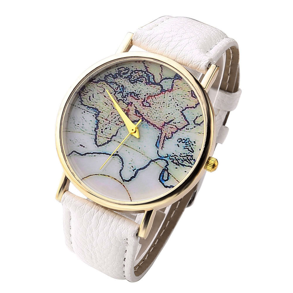 Top Plaza Unisex Men's Women's Retro World Map Quartz Wrist Watch, Gold Tone, White 