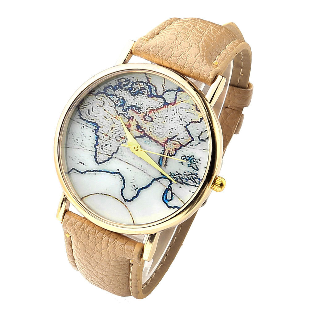 Unisex Men's Women's Retro World Map Quartz Wrist Watch, Gold Tone, Beige