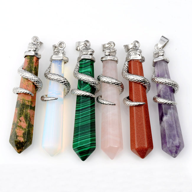 Snake Chakra Healing Pendants for Necklace, Natural Amethyst Rose Quartz Unakite, Opalite, Synthetic Golden Sand Malachite, 6pcs