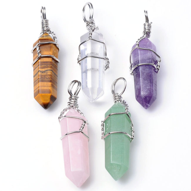  Natural Amethyst Rose Quartz Tiger Eye Green Aventurine Rock Crystal Healing Pointed Chakra Pendants for Necklace, Pack of 5